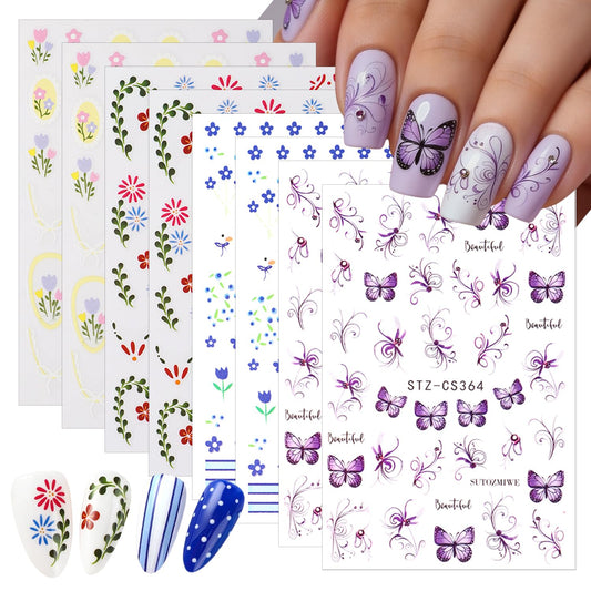 8 Sheets Flower Nail Stickers 3D Self Adhesive Spring Nail Decals Floral Nail Art Stickers with Butterfly Flowers French Lines Design for Women DIY Nail Decor