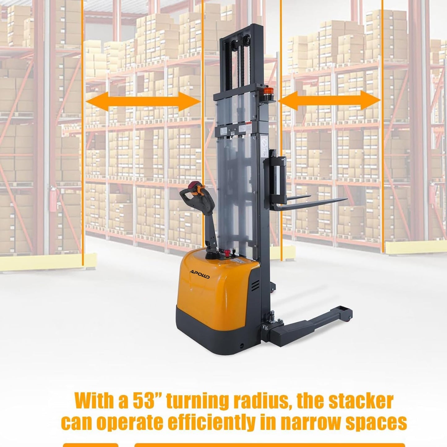 APOLLOLIFT Electric Walkie Stacker, 3300 lbs Capacity 130" Lift Height Powered Drive and Lift Electric Stacker, with Straddle Legs Adjustable Forks Material Lift