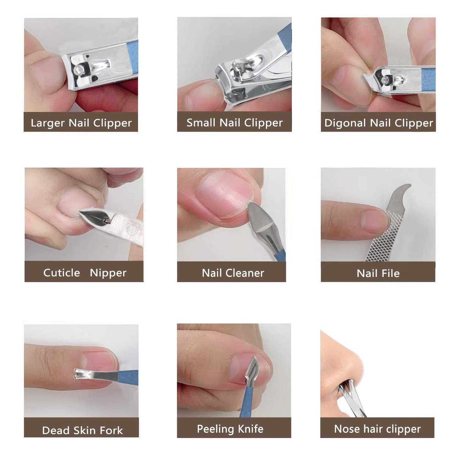 18 Pieces of Stainless Steel Nail Trimming and Beauty Kits - Nail Clippers, Nail Files, Tweezers, Nose Scissors, Eyebrow shavers, Ear Spoons, Blue Leather suitcases.