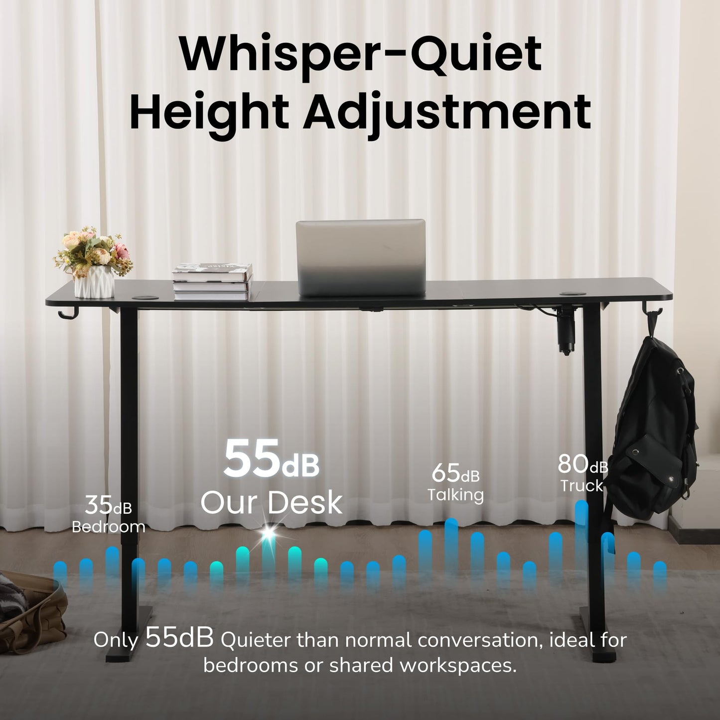Hexago 63 x 24 Inch Electric Standing Desk, Height Adjustable Sit Stand Desk with Splice Board, 3 Memory Presets, Dual Hooks, Sturdy T-Leg Frame – Black