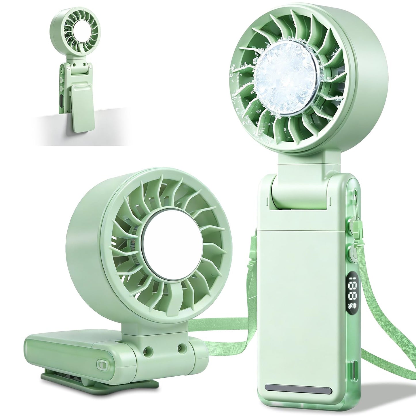 HEEYCEM 4-IN-1 Clip-On Portable Fan Rechargeable Handheld Mini Fan with lce Cooler,5 Gear High Speed 360° Rotatable Small Pocket Fans, for Outdoor, Travel, Beach, and Office (Green)