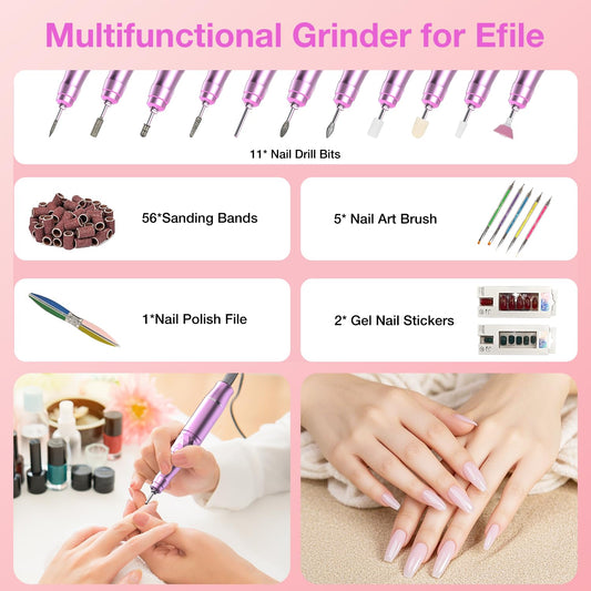 Electric Nail Files, 45000 RPM Professional Nail Drill for Acrylic Nails Gel, Adjustable Speed E File for Nails, Cordless Rechargeable Nail Drill Kit for Manicure Salon Home(Pink,Gift Box)