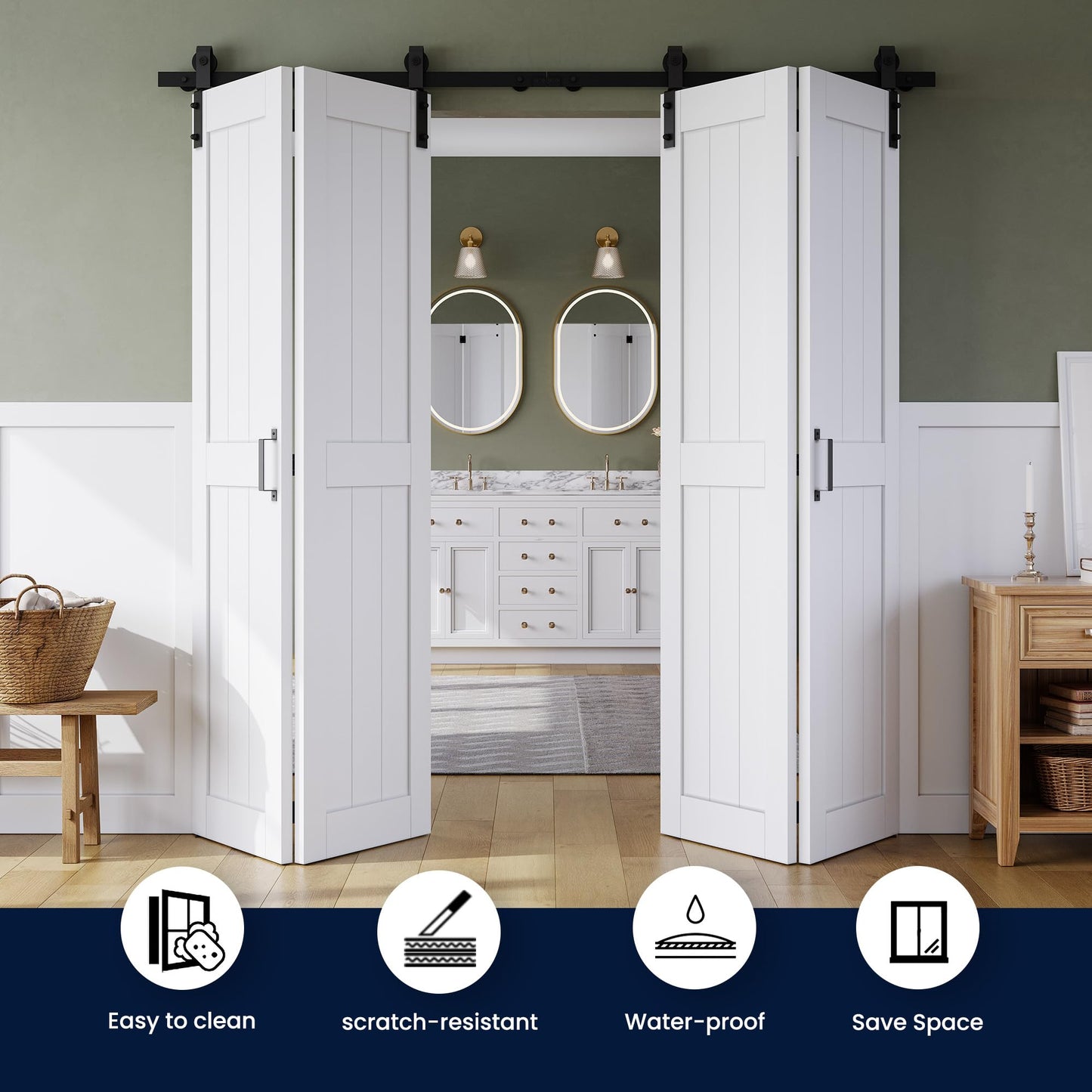 Bifold Barn Door 64" x 84", MDF Bi-Fold Sliding Closet Doors with Hardware Kit Included, Pre-Finished Easy Assembly, Water-Proof PVC Surface & Save Space, H-Frame, 72" Track for 4 Doors,White