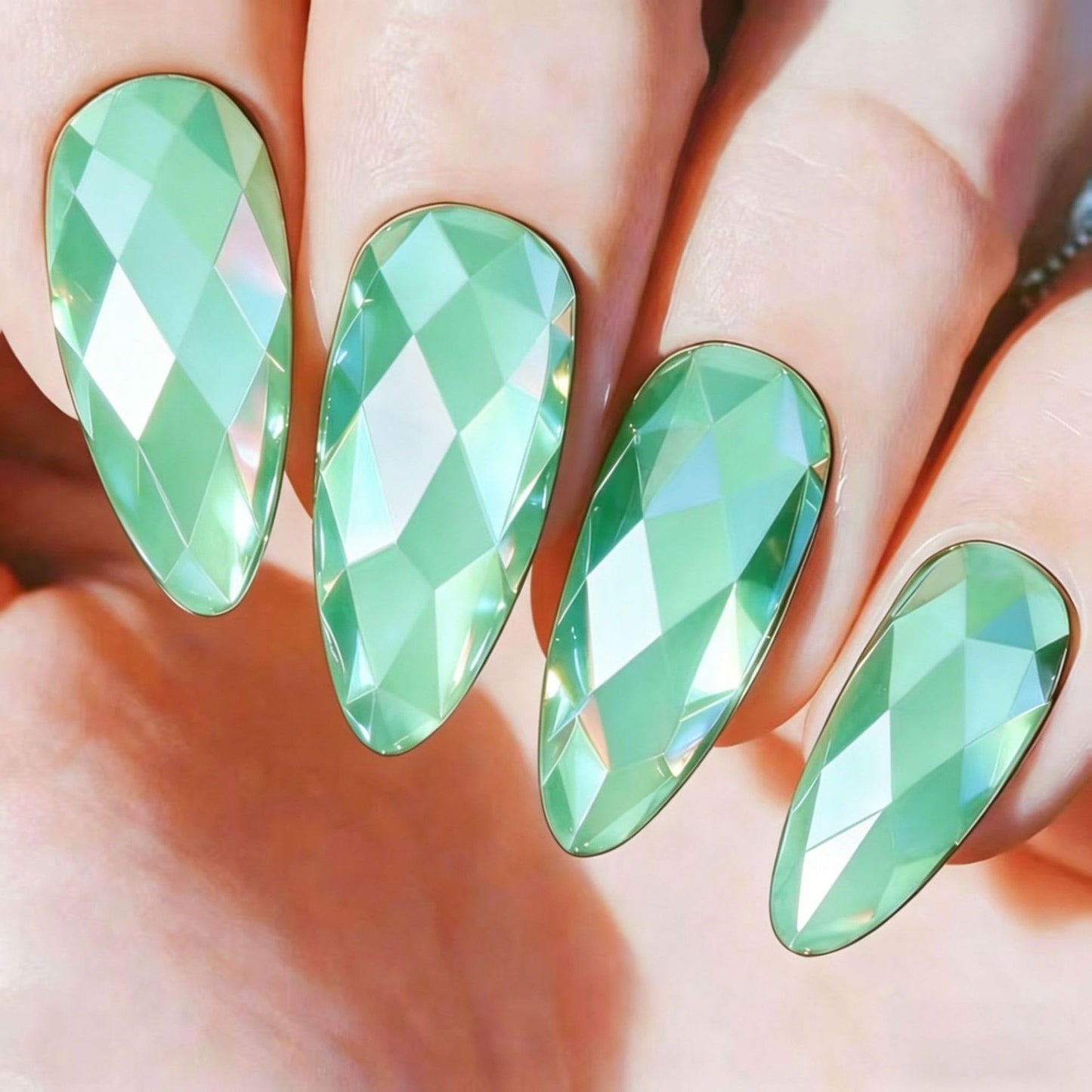 Mint Green Rhombus Electroplated Press on Nails Medium Almond Fake Nails Designs Mirrored Metal False Nails Light Green Full Chrome Grid Cover for Women Girls Daily Wearable Manicure Decoration 24Pcs