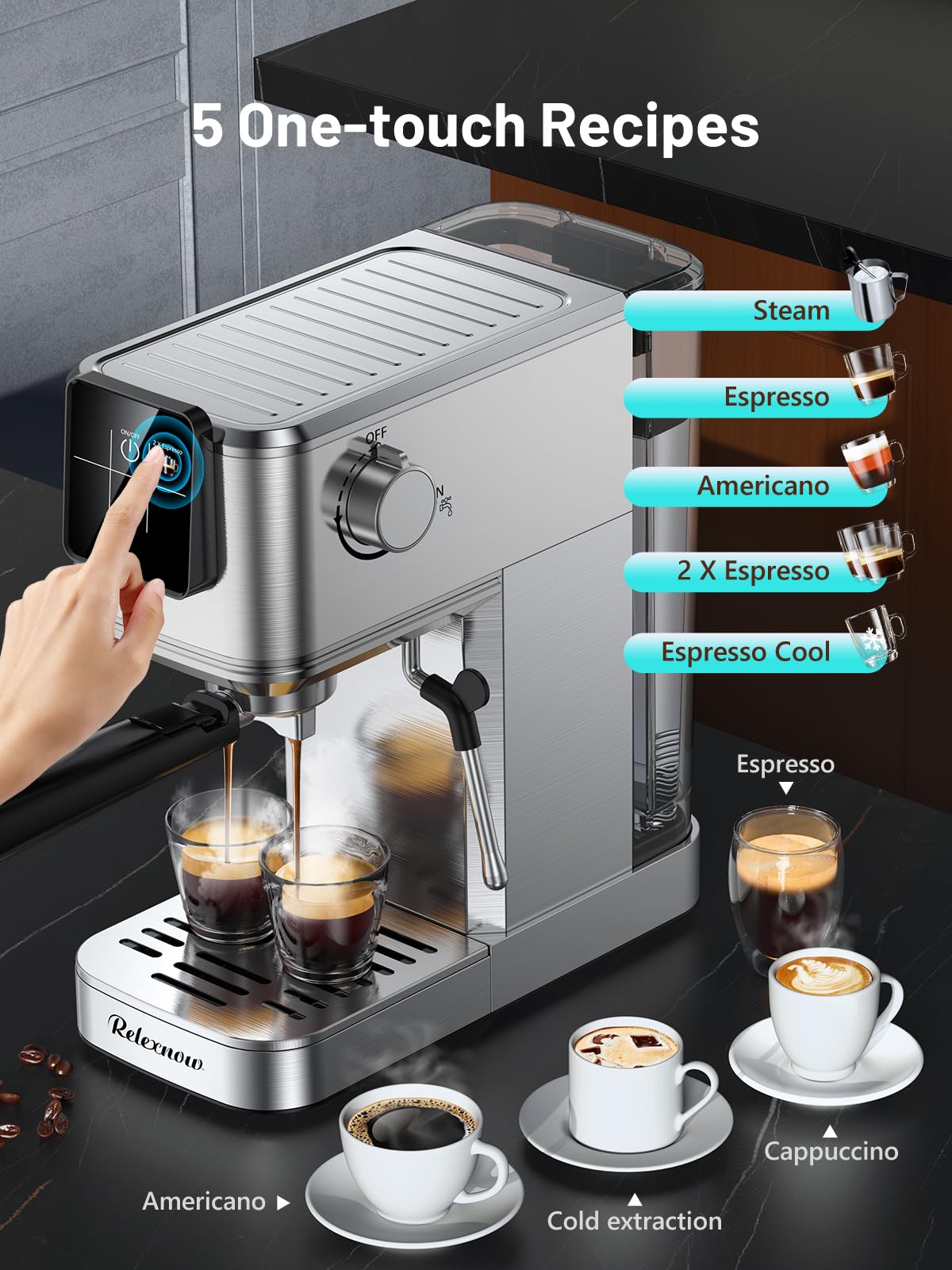 RELEXNOW Espresso Machine, 20 Bar Espresso Maker Milk Frother & LCD Panel, Hot & Iced Coffee Machine, Stainless Steel Espresso Coffee Machine with 41oz Water Tank for Cappuccino, Latte