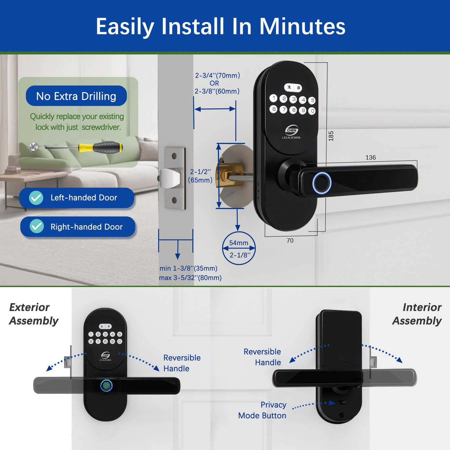 CHEN LCLILICHEN Keyless Entry Door Lock with Handle, Smart Fingerprint Deadbolt, APP Control & Keypad Password Unlock for Front Door, Home, Apartment
