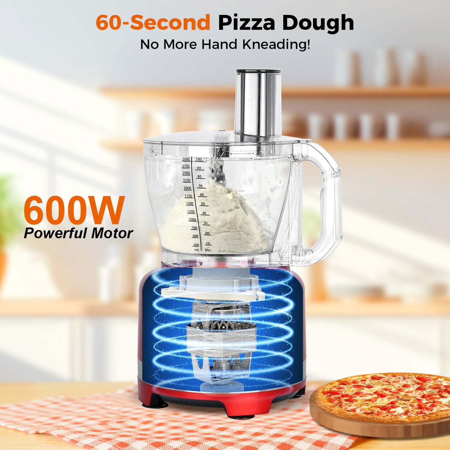 Homtone 16 Cup Food Processor Large, 9 Functions 7 Blades 3 Speeds for Shredding, Slicing, Making French Fries, Chopping Meat, Kneading Dough & Emulsifying, 600W, Red