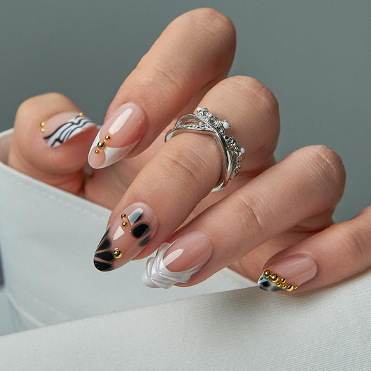 CurvLife Press On Nails Medium Almond Black White Abstract, Nude Soft Gel Glossy Fake Nails, Reusable Salon Look Manicure for Women Teens Beginners, 30pcs, Daily Wear Work Party