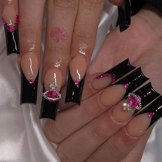 Long Press on Nails Square Fake Nails French Tip False Nails Black Artificial Nails with Designs Stick on Nails for Women 24pcs