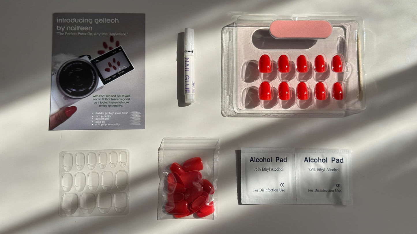 Nailfeen GelTech™ Press-On Nails - "Heartbreaker" | Bright Red | Short Round, Soft Gel Nails | 30 Nails in 15 Sizes