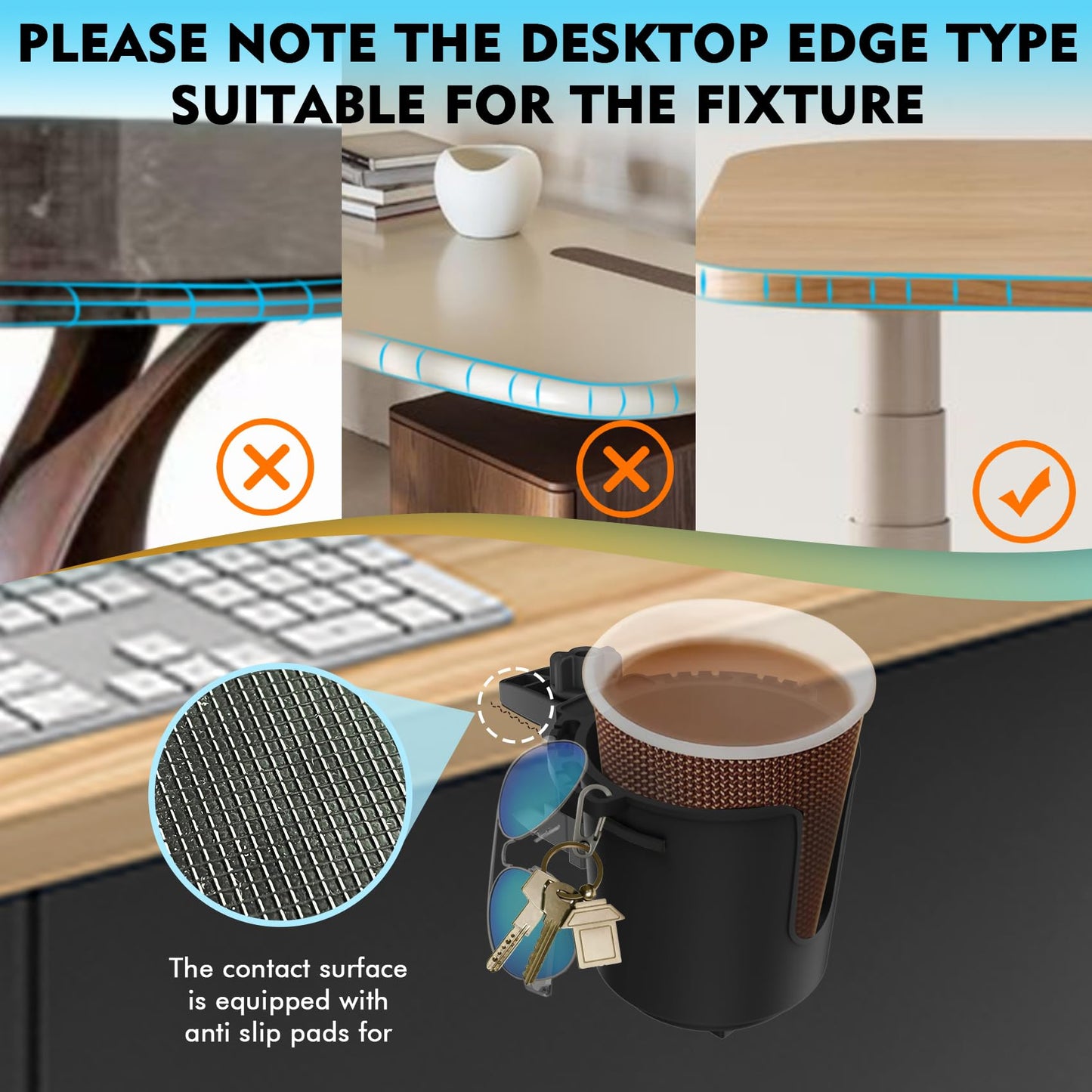 Desk Cup Holder with Spill-Proof Cup Design, Clip on Cup Holders for Desk, Table, Porch Swing, Patio Chair, Fits Maximum Diameter of 3/3.38 inches Bottles.(Black, Medium)