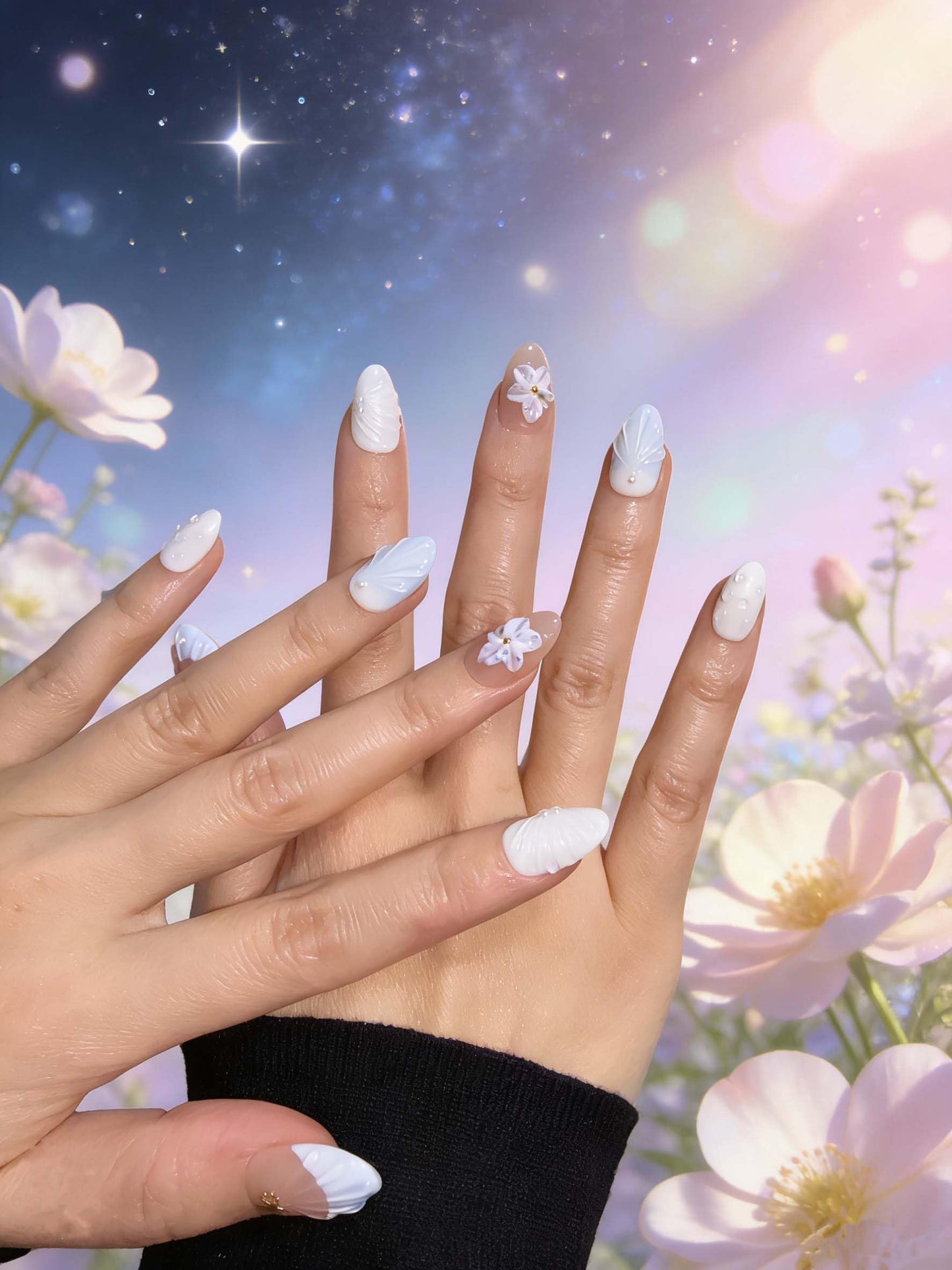 10 Short Almond Handmade Press On Nails | French design with 3D Floral and Seashell | Skip Salon Trips, Easy to Apply & Remove, Reusable (251208, XS)
