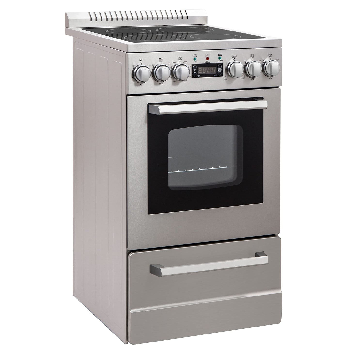 Avanti Electric Range Oven ELITE Series Compact Design, 2-Cu.Ft. Capacity with 4 Coil Burners, Framed Glass Oven Door, Storage Drawer and Broiler with Pan, 20-Inch, Stainless Steel