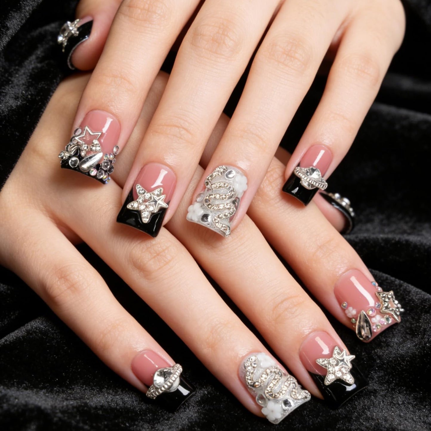 Handmade Press on Nails 3D Flower Nail Art Fake Nails Luxury Handmade Rhinestone & Stars Black French Tip Short Duck Acrylic Nail with Flower Design Thicked Stick on Nail for Women (S)