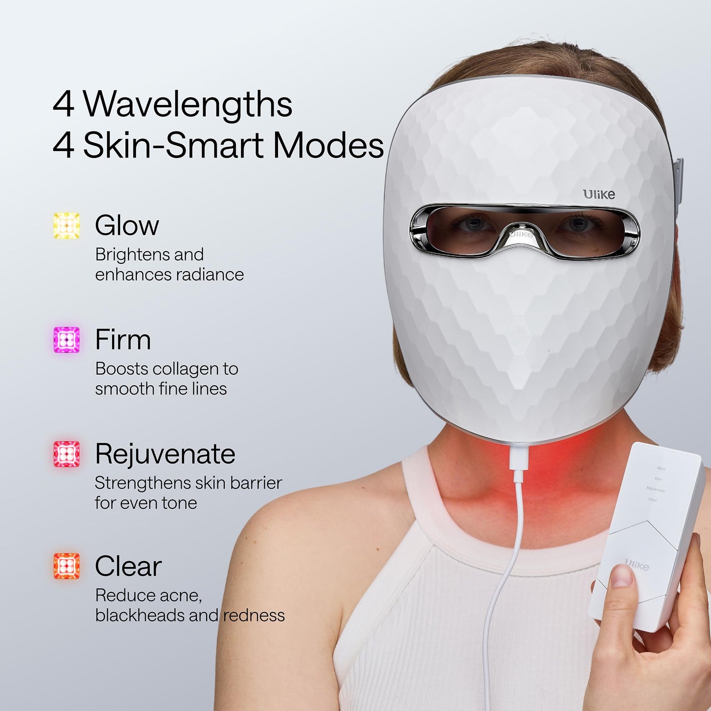 Ulike ReGlow LED Light Therapy Mask, Red Light Therapy for Face, 4 Modes with Red, Blue, Yellow & Infrared Lights for Reduce Acne & Anti-Aging, Eye-Protection, 272 Beads, Remote Control,White