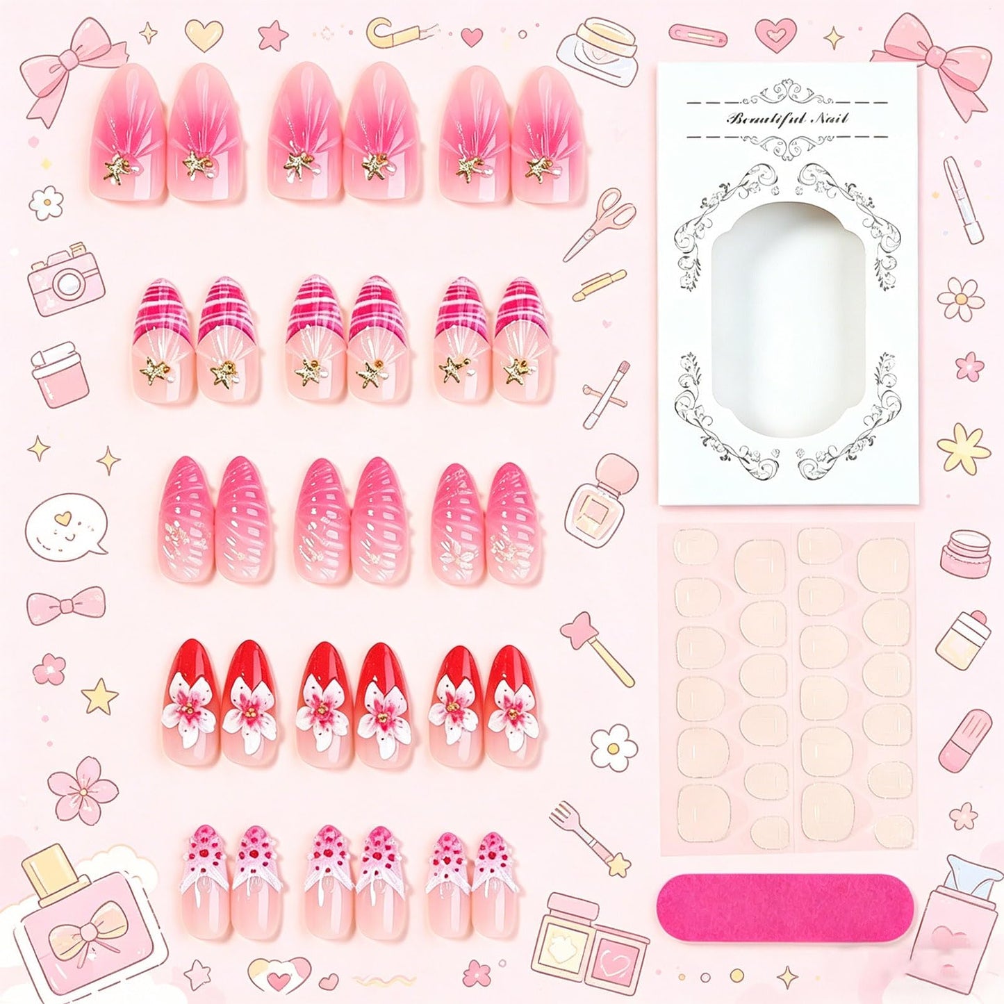 3D Shell Press on Nails Glossy Red French Tips Medium Almond Fake Nail Flower False Nails with Pink Ombre Design Polka Dots Stick on Nail Ocean Glue on Artificial Fingernails for Women Daily Wear