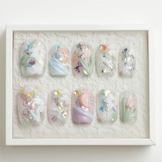 Fine Point Handmade Salon-Quality Fake Nails, Short Squoval Press-On Nails, 3D Floral Pastel Spring Design with White Flowers, Acrylic Nails with Glitter Accents in Painterly Oil Style (Size Small)