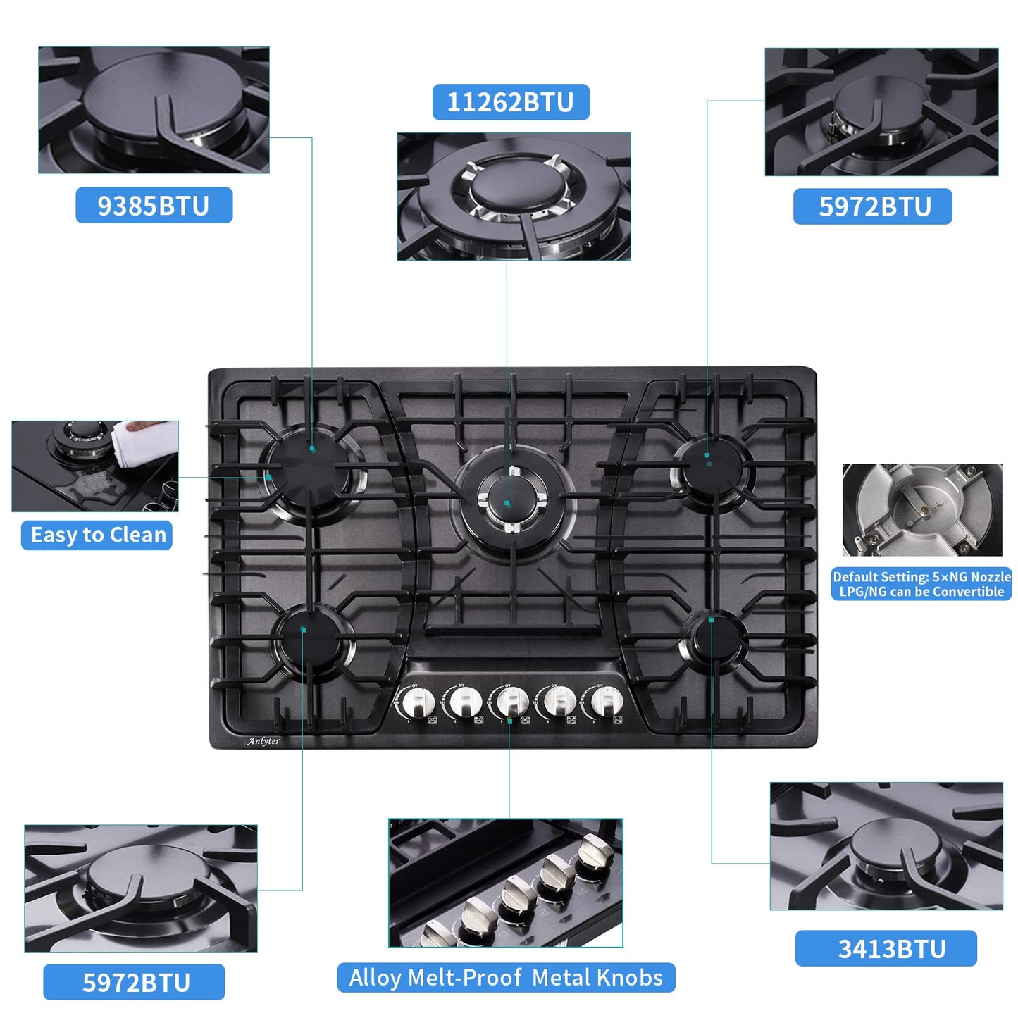 Anlyter 30 Inch Gas Cooktop, 5 Burners Built-in Stovetop, Stainless Steel LPG/NG Convertible Stove, Dual Fuel Sealed Hob - Black