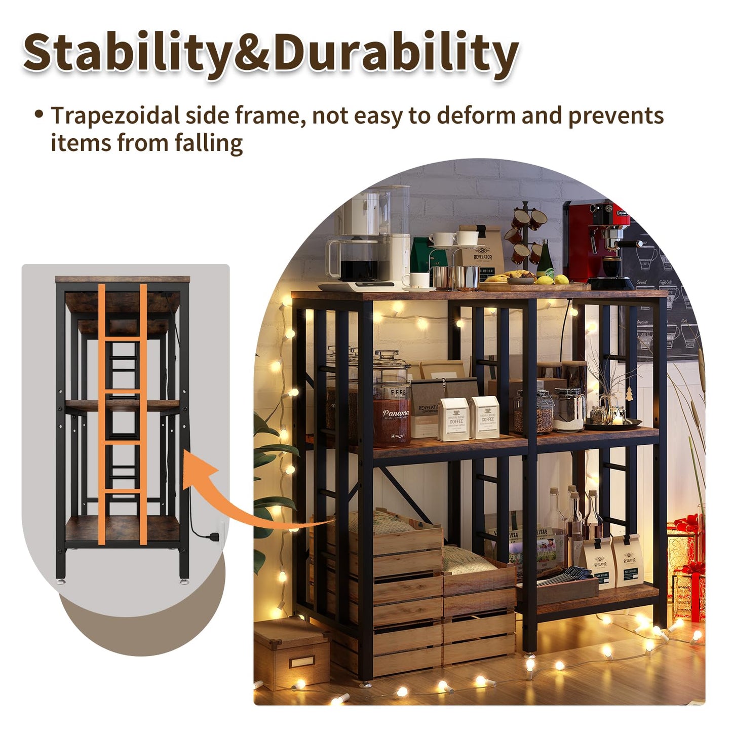 METYERRY Adjustable Kitchen Bakers Rack with Power Outlet,4-Tier Microwave Stand Kitchen Cart,Mini Fridge Stand with Storage,Bar Cabinet,Suitable for Office,Coffee Bar,Living Room,Patio,Rustic Brown