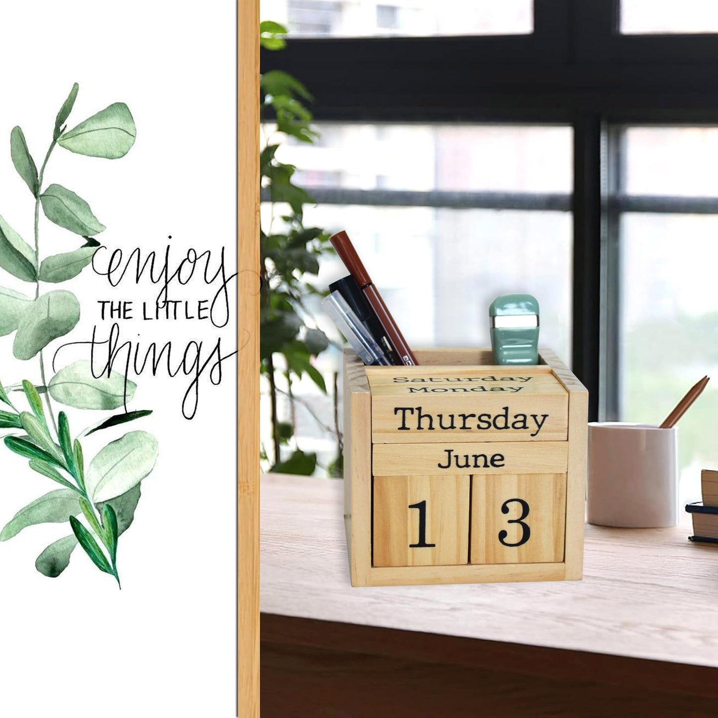 EXQUIDECA Wooden Blocks Perpetual Calendar with Pen Holder - Natural Pine Wood Home Office Desk Organizer -Reusable Date Week Month Accessories Tabletop Ornament