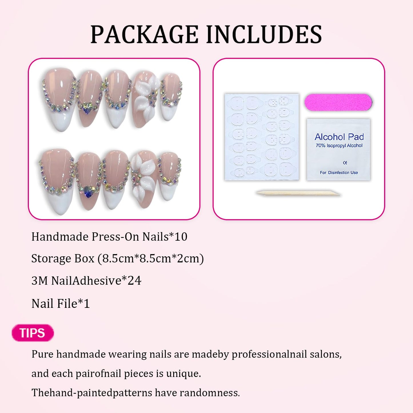10 Pcs Flower Handmade Press on Nails Almond Shape Luxury Medium Hand Made Nails with Design Flower Artificial Stick on Nails French Tip False Nail for Women (M)