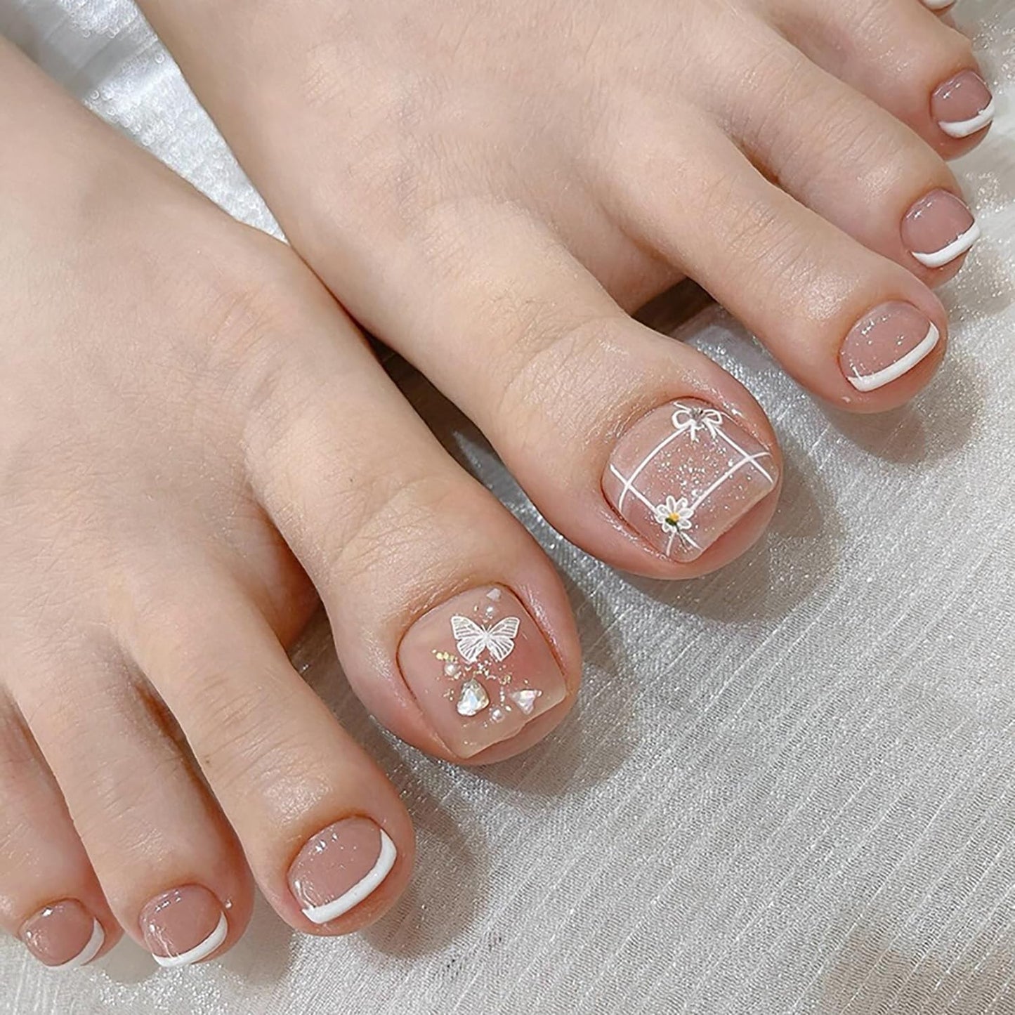 FIEONCIY Press on Toenails with Designs Acrylic Fake Nails for Toe Artificial False Nails with Charms Glue on Toe for Spring Summer Stick on Toenails for Women Girls(F173)
