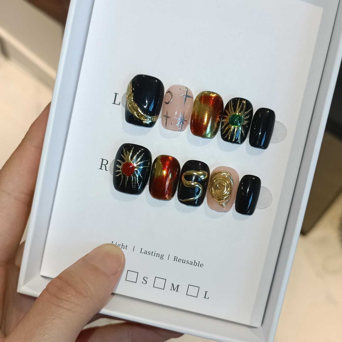 TENPAL Handmade Press on Nails Short Square,Glossy Black Nails with Hand-Painted Space Art (Sun/Moon/Crater) & 3D Serpent, Acrylic Soft Gel Winter Gothic Fake Nails For Women Girls,10pcs(XS)