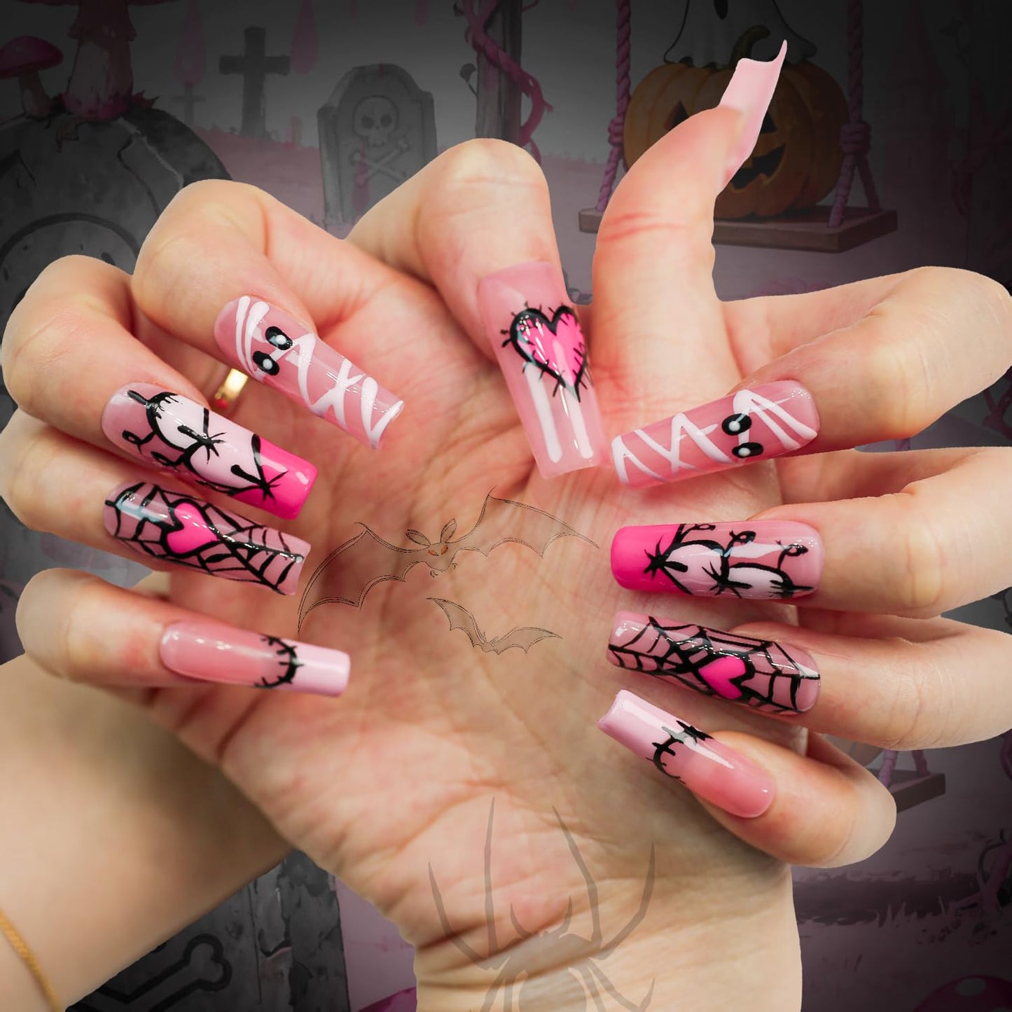 Yacey Halloween Handmade Press on Nails Long Coffin, Spider Web Design Reusable Muti-Gel False Nails Press Ons, French Thick Acrylic Fake Nails, Cute Ghost Glue on Nails for Women Girls (10 Pcs, M)