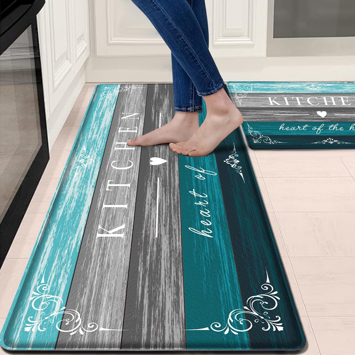 Sofort Kitchen Mat Farmhouse Cushioned Anti Fatigue Kitchen Rugs 2 Pieces Non Slip Waterproof Kitchen Mats for Floor, Rustic Wooden Comfort Standing Mats for Kitchen, Office, Sink, Laundry