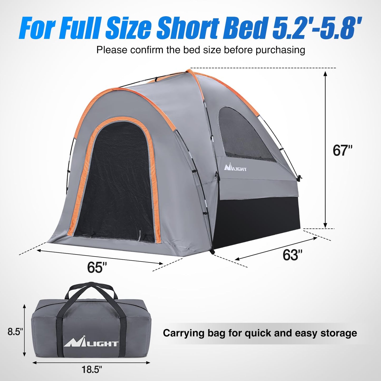 Nilight Truck Bed Tent 5.2-5.8 FT Pickup Tents with Rainfly Waterproof PU2000mm Double Layer Tent for Truck 2-Person Portable Full Size Short Tailgate Bed Tent for Camping Outdoor Travel, Orange Grey