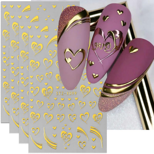Valentine’s Day Nail Art Stickers Decals Golden Love Heart Nail Decals Nail Art Supplies 4PCS 3D Self-Adhesive Empty Heart Love French Stripe Valentines Nails Design Manicure Sliders for Women Girls
