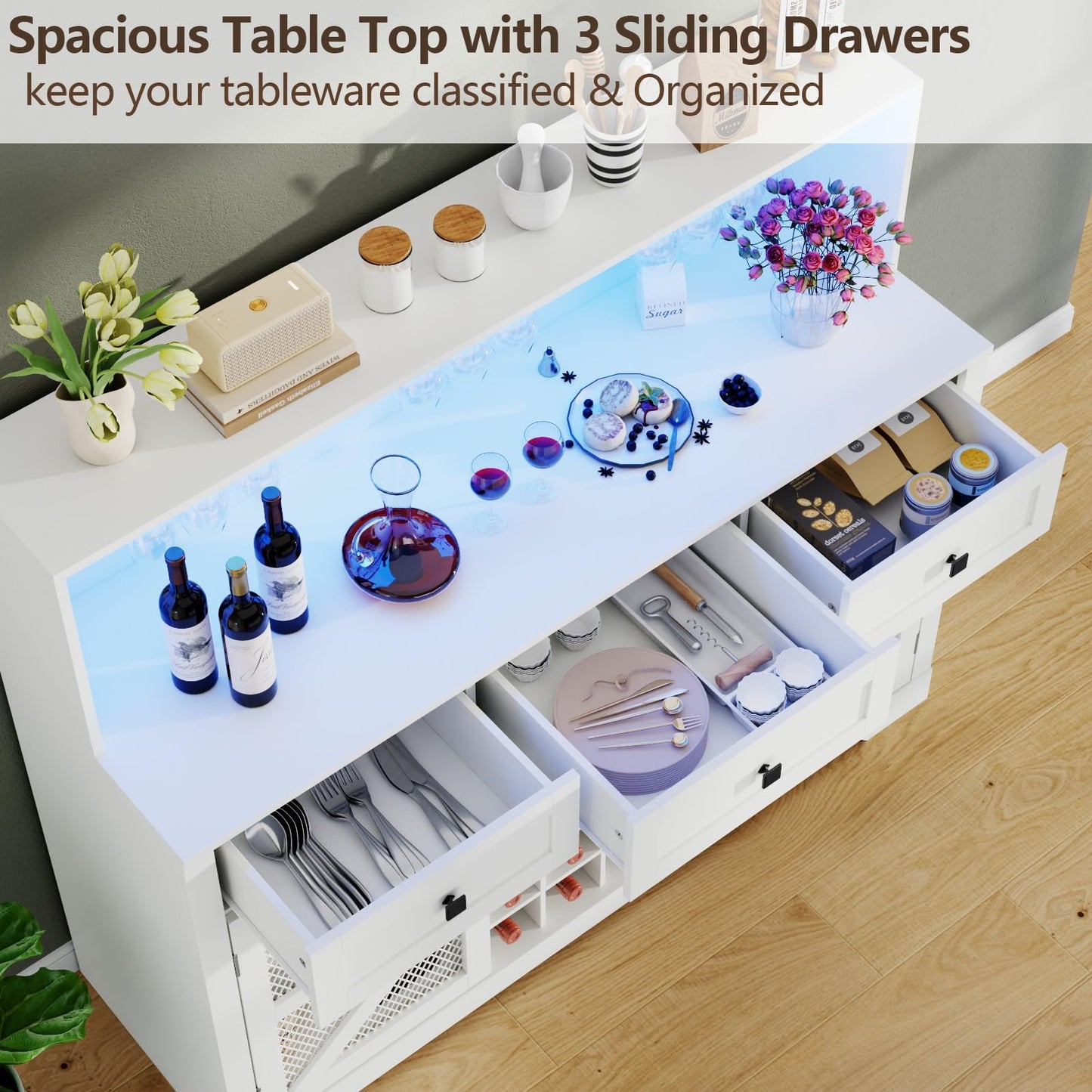 Gyfimoie Farmhouse Wine Bar Cabinet with LED Lights, Kitchen Coffee Bar Cabinet with Acrylic Mirror, Wine & Glass Rack, Storage Shelves and 3 Drawers (Signle Hutch)