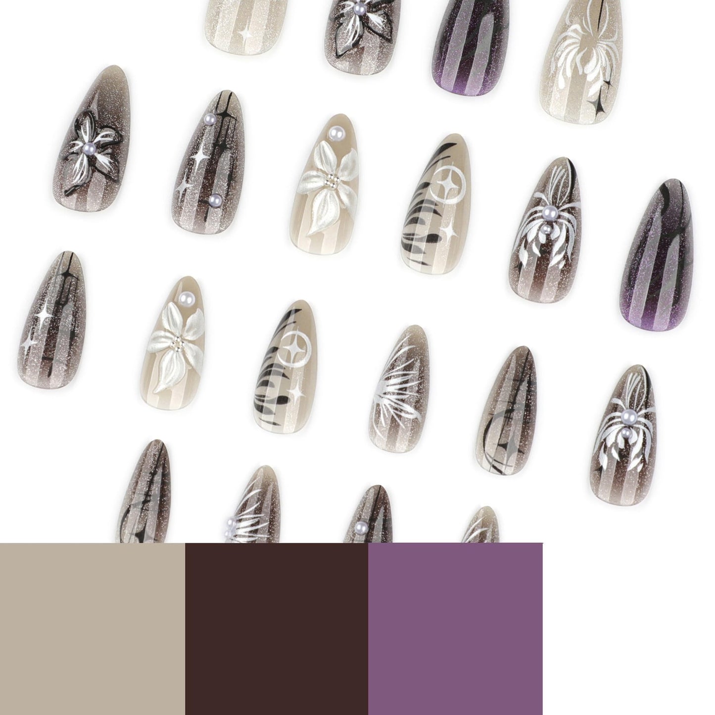 Medium Press on Nails Almond - Ombre Black Fake Nails with 3D Flower Design - Y2k, Full Cover Stick on False Nails - for Women 24 Pcs