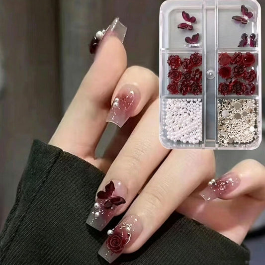 Burgundy-Colored Rose and Butterfly Nail Charms 3D Butterfly Nail Rhinestones Spring Summer Nail Designs Charms and Gems DIY Manicure Decoration Supplies Cute Flowers for Women and Girls Nails Salon