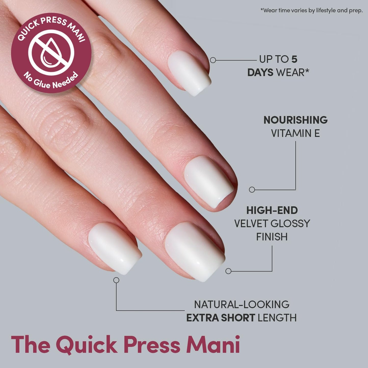 Glamnetic Quick Press Mani - No Glue Press On Nails, Just Peel and Stick, Square Extra Short Nails, Mess Free, Salon Quality Stick On Nails, Porcelain | in 15 Sizes - 30 Nail Kit | Gift For Mom