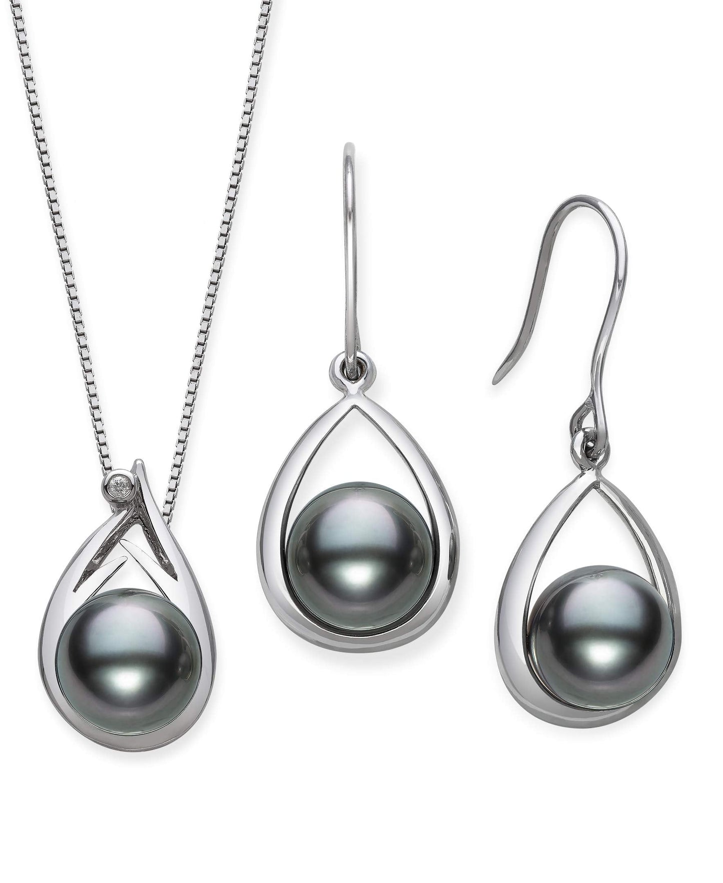 Belacqua Tahitian Black Pearl Diamond Pendant and Drop Dangle Earring Set in Sterling Silver, 18"
