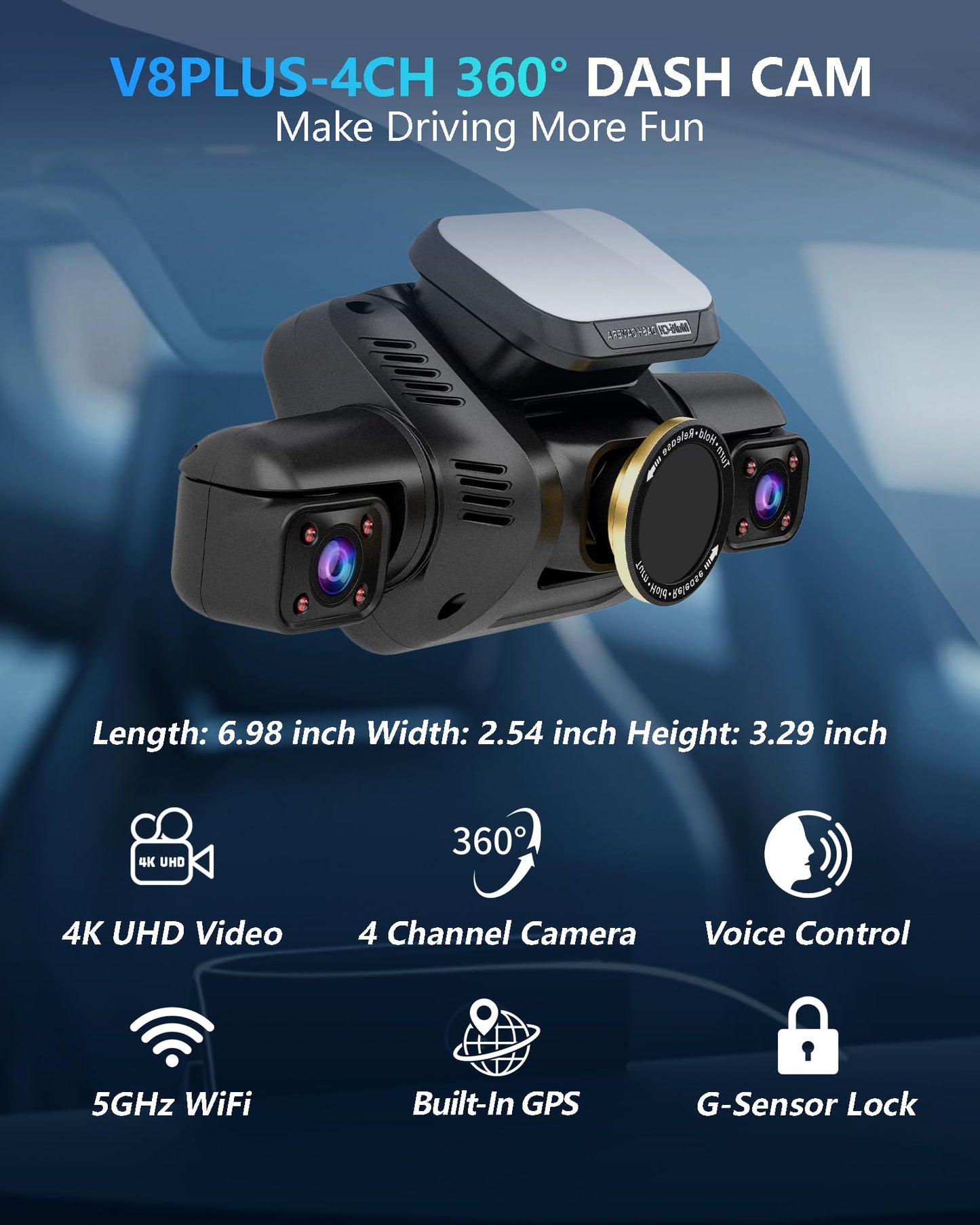 Dash Cam 4 Channel Front and Rear Inside, 360° Car Camera 4K UHD, Dash Camera for Cars Built-in Wi-Fi GPS, Dashcam Free 64GB Card, Voice Control, CPL Filter, WDR Night Vision, 24H Parking Mode(V8PLUS)