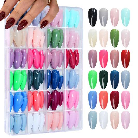 576Pcs Medium Almond Press on Nails 24 Solid Color Stick on Nails with Designs Glossy Color False Nails Reusable Summer Fake Nails Colorful Full Cover Glue on Nail Set for Women Girls Nail Tip DIY