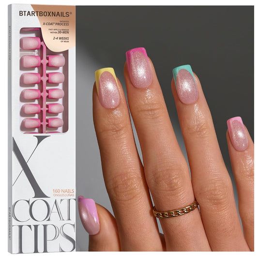 BTArtboxnails XCOATTIPS 5 Brighter Pastel French Tip Press on Nails - Short Square, Cat Eye Base, 4-Week Wear, Easy-to-Apply, Soak Off, Salon Quality Value at Home, 16 Size - 160 Fake Nails