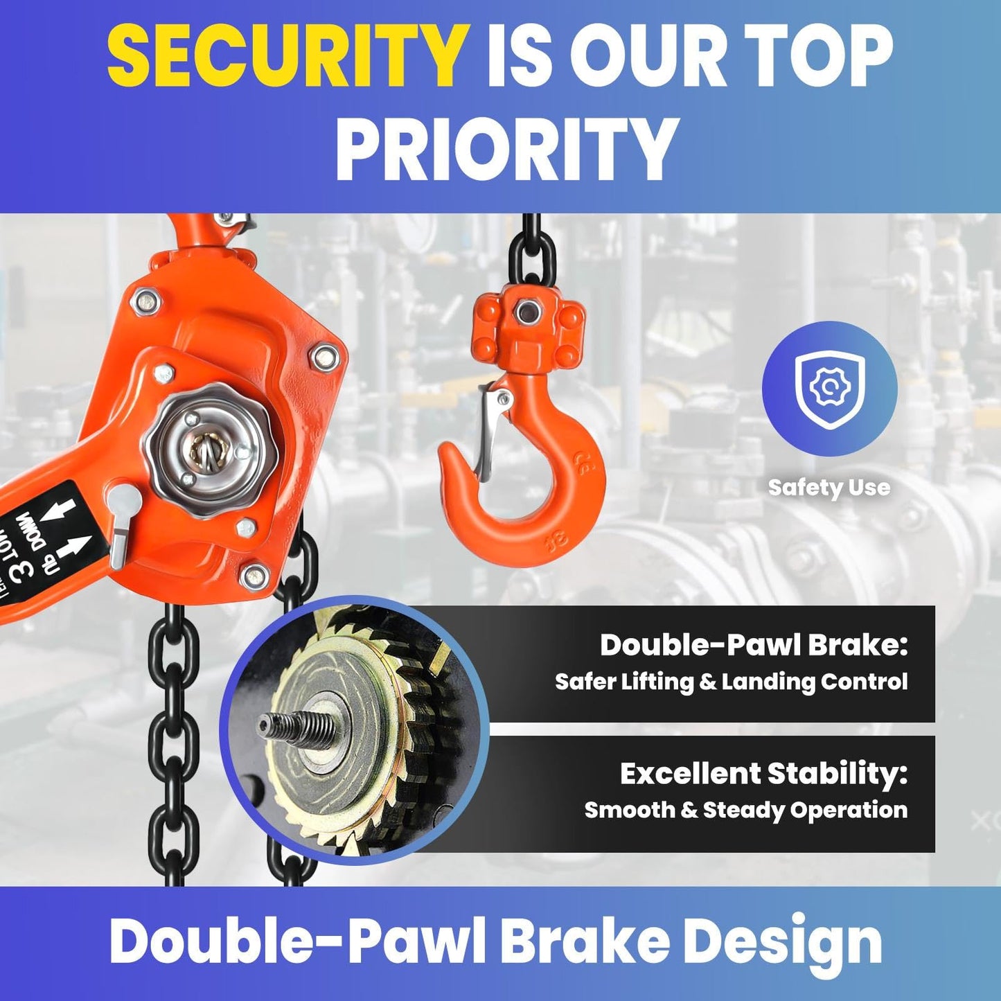 Heavy Duty Chain Hoist, 6600lbs Capacity Come Along Tool, Hand Chain Hoist with Dual Pawl Brake for Warehouse, Factory & Construction (3Ton10FT)