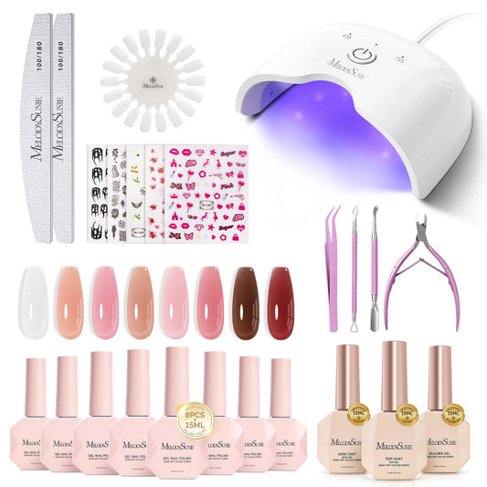 MelodySusie Gel Nail Polish Kit with UV Light P-ART06F- Popular Color Jelly Gel with Builder and Baser &Glossy Top Coat Soak Off Includes Nail Art Tools Nail Art Gift for Women & Girls