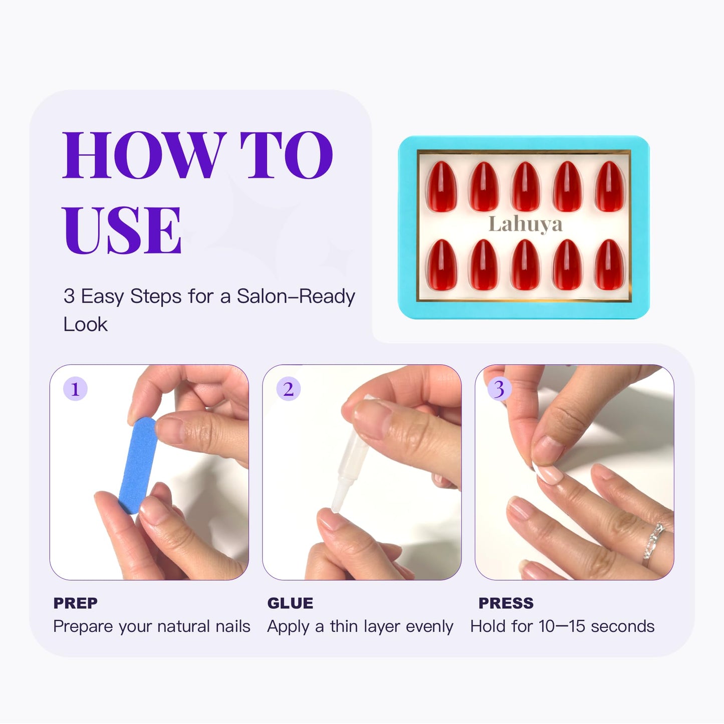 LAHUYA Press On Nails – Sunlit Cherry | Nail Artist Designed Short Almond Fake Nails with Bright Cherry Red Glossy Finish, Reusable Press On Nails in 15 Sizes – 30 Nails Kit with Glue