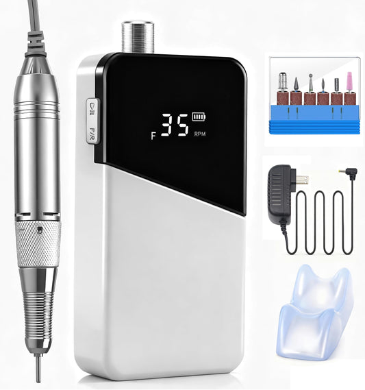 Lumcrissy Electric Nail File 35000RPM, Rechargeable Portable Nail Drill for Beginners Home Use, Cordless Efile for Acrylic Gel Nails with Ceramic Bits, Low Noise & Long Battery Life, White