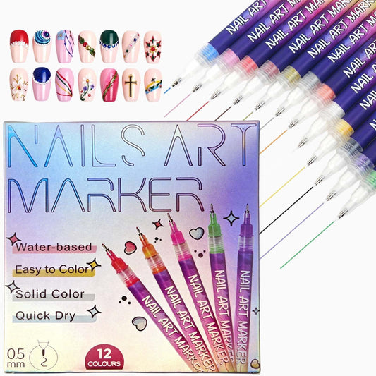 Sevgob 12Color Nail Art Pens Water-Based Nail Art Markers 0.5mm Fine Tip Nail Polish Pens Drawing Liner Nail Art Tools Quick-Drying Dotting Graffiti Acrylic Pens for Women Home Salon Use