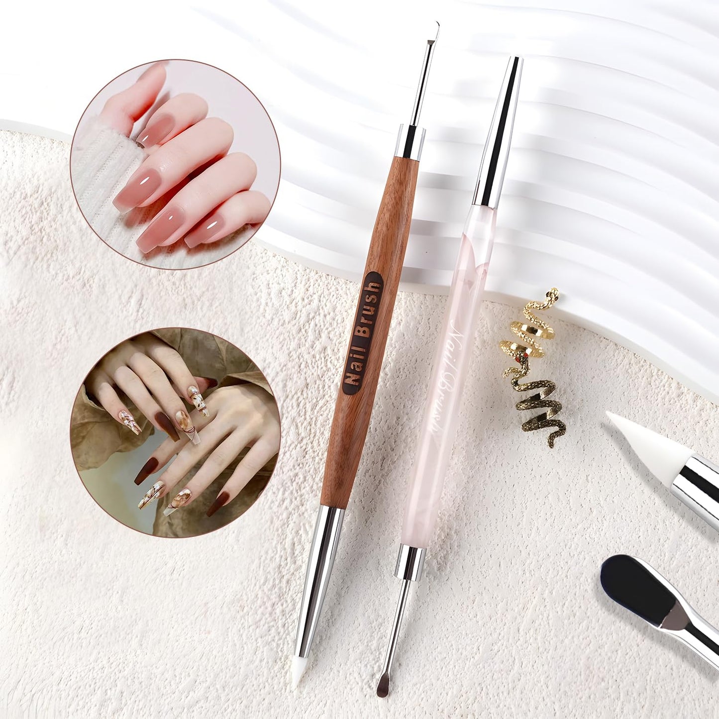 Double Nail Art Sculpture Pen: Silicone & Metal Dual Tipped Nail Brushes Silicone Nail Art Tools for Design Nail Foil Carving Drawing Shaping Effect Nail Art Pens for Home and DIY (Pink+Sandalwood)
