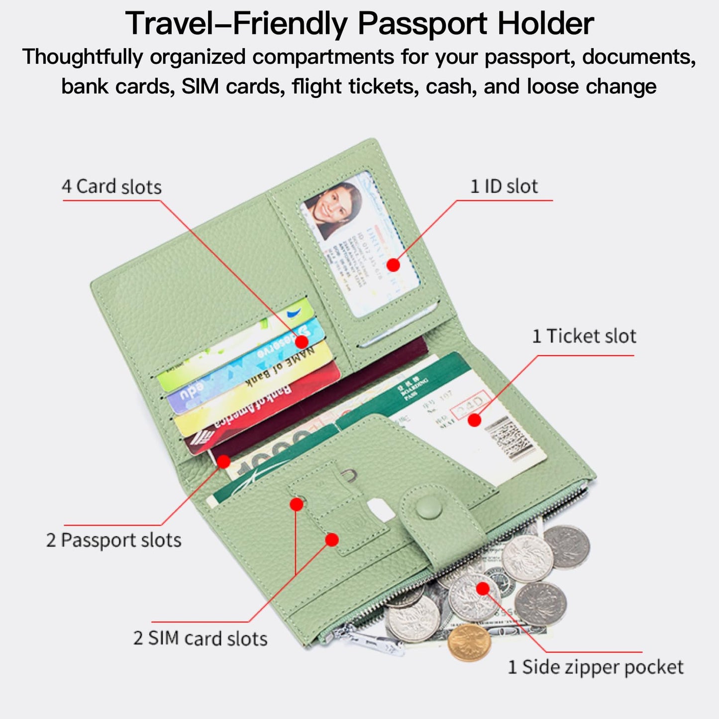 Genuine Leather RFID Blocking Passport Holder Wallet, Multi-Functional Travel Document Organizer with Zipper Pocket, Includes SIM Card Ejector Pin (Dark Khaki)