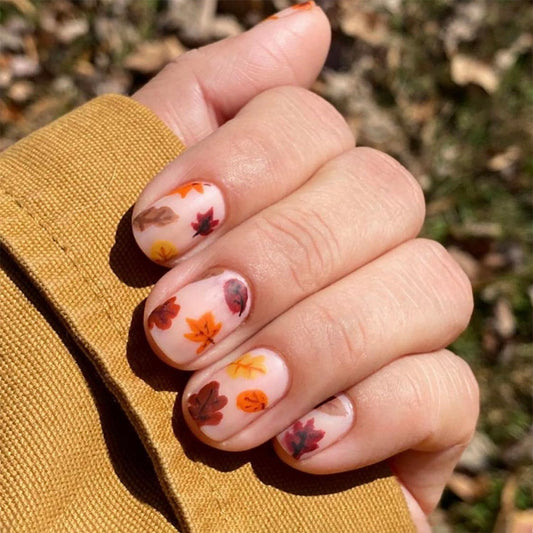 24pcs Short Square Fake Nails Fall Nails Press on Nails Thanksgiving Acrylic Nails Matte with Fall Leaf Design Autumn Maple Leaf Decoration Full Cover Press ones Stick on Nails for Women