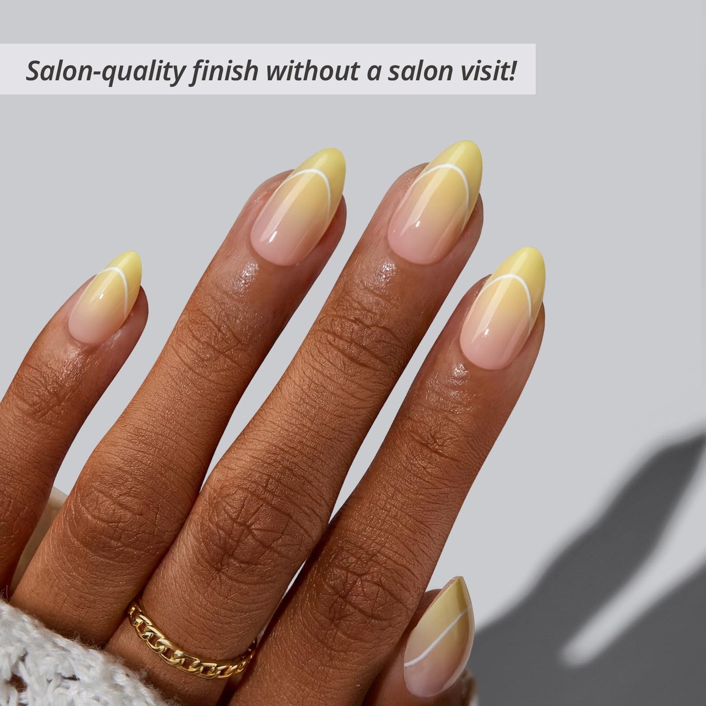 BTArtbox French Tip Press On Nails - First Light, Lamp-Curable 4-Week Wear Yellow Ombre Short Almond Press On Nails with Glue and Adhesive Tabs, Easy-to-Apply in 16 Sizes - 32 Nails All-in-One Kit