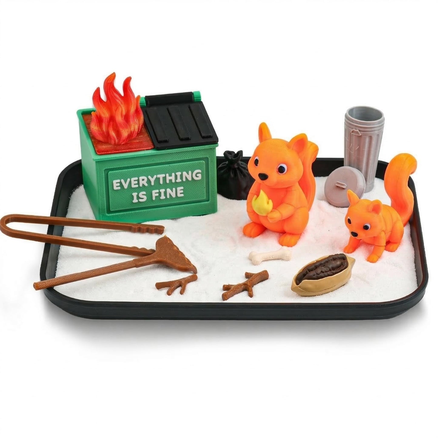 Qoieua Dumpster Fire Zen Garden for Desk - Squirrel Edition Funny Office Desk Accessories - White Elephant Gag Gifts for Coworkers, Boss, Men & Women - Mini Sand Tray Stress Relief Decor (14+)