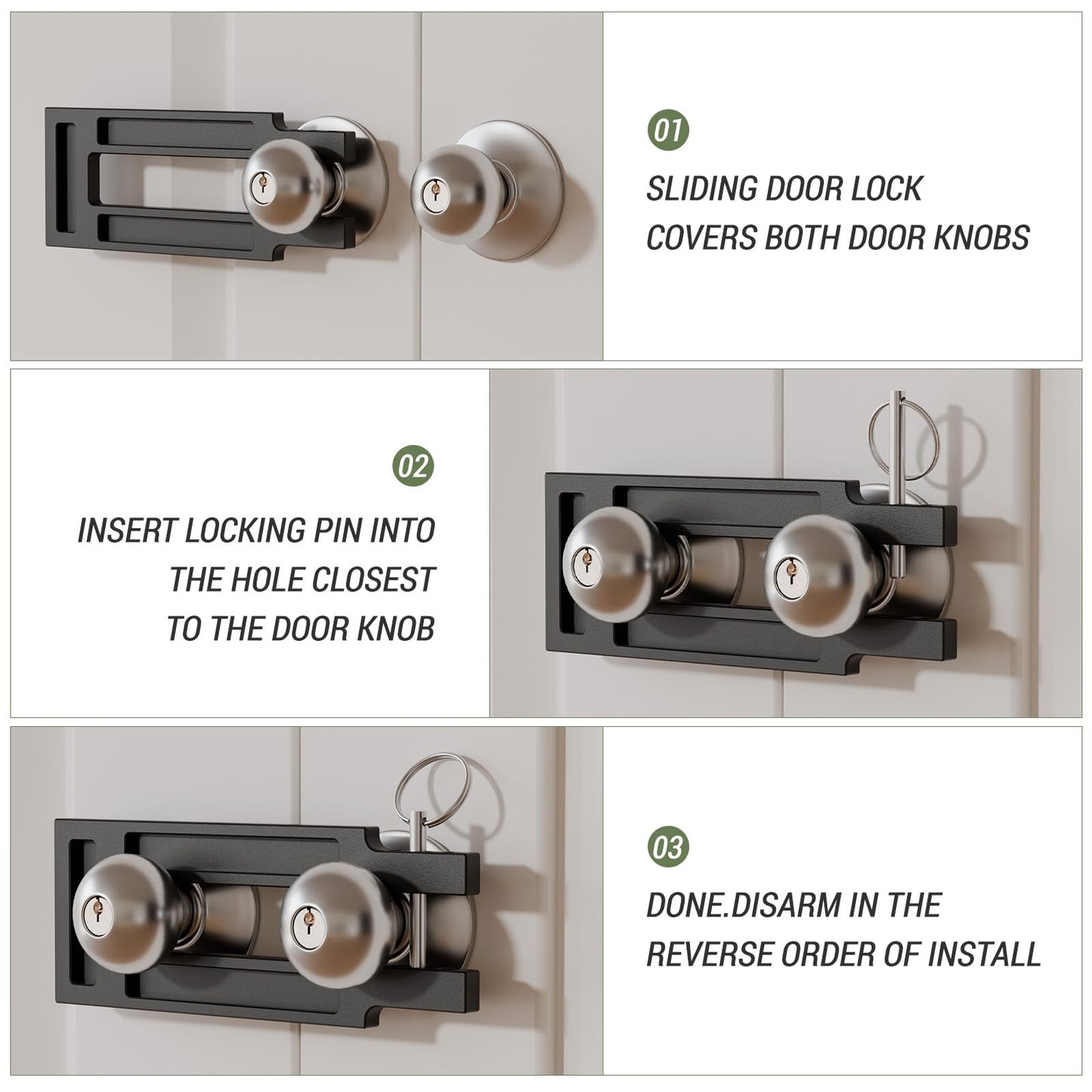 BINOTE French Door Lock for Double Doors, Adjustable Double Door Lock for Home Security Prevent Kick Ins, 3 Pin Slots for Various Knob Width